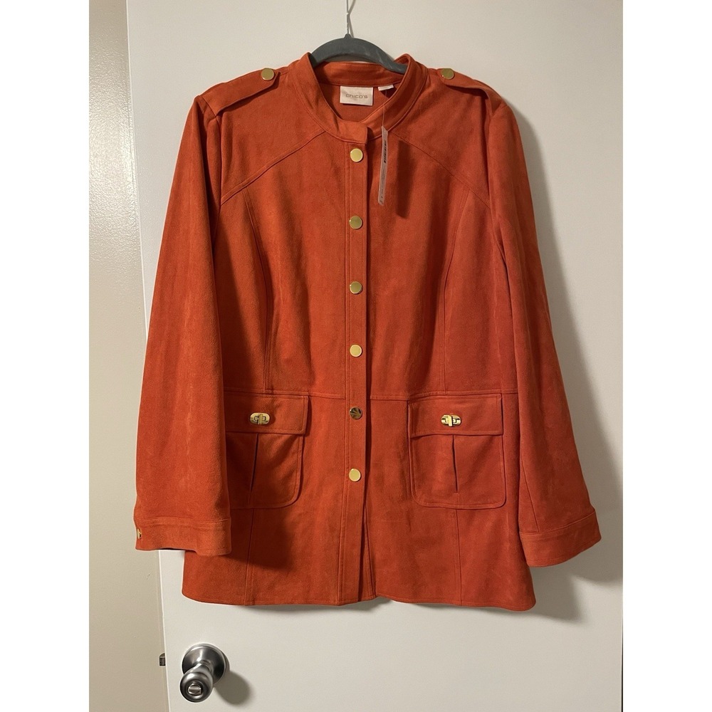 Chico's Bold Utility Jacket Rusty Orange With Gold Tone Accents Size 3